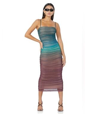 Strappy Sheer  Ombre Ruched Midi Dress in Teal to Plum